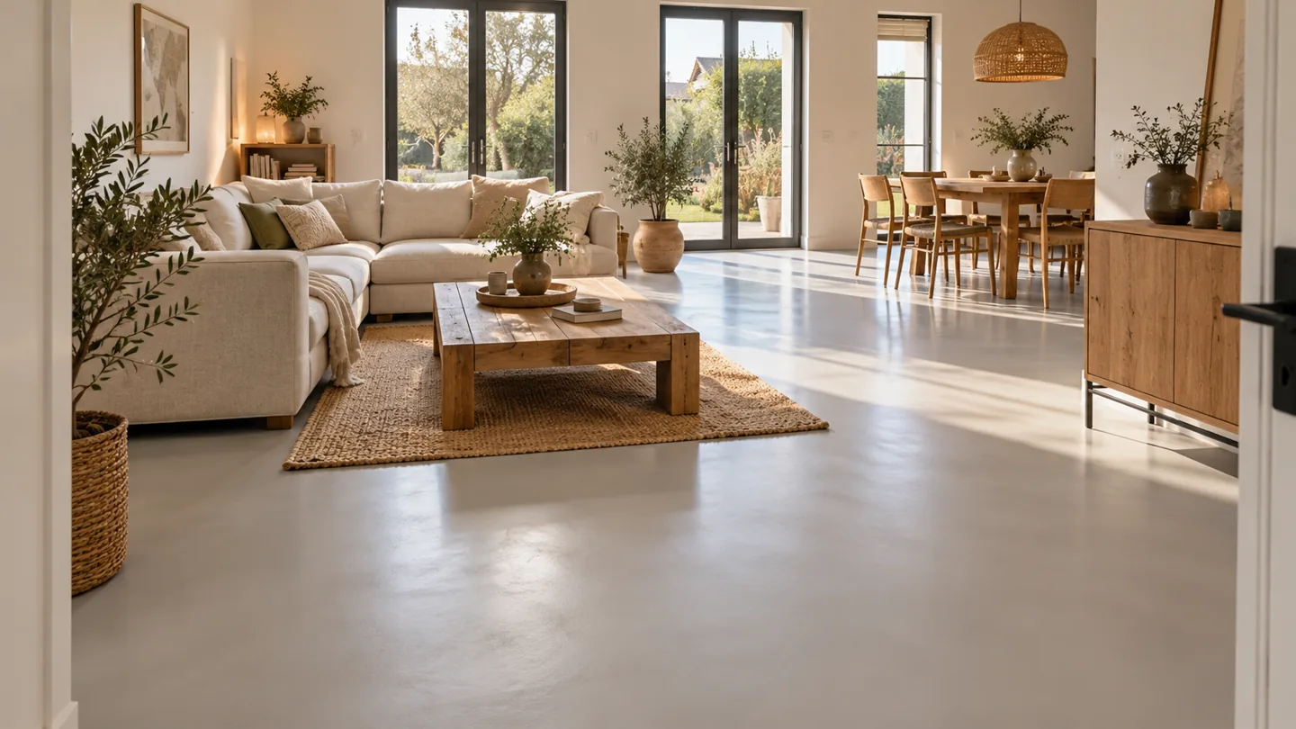 Rénovation d'une pièce de vie avec un sol en résine gris clair